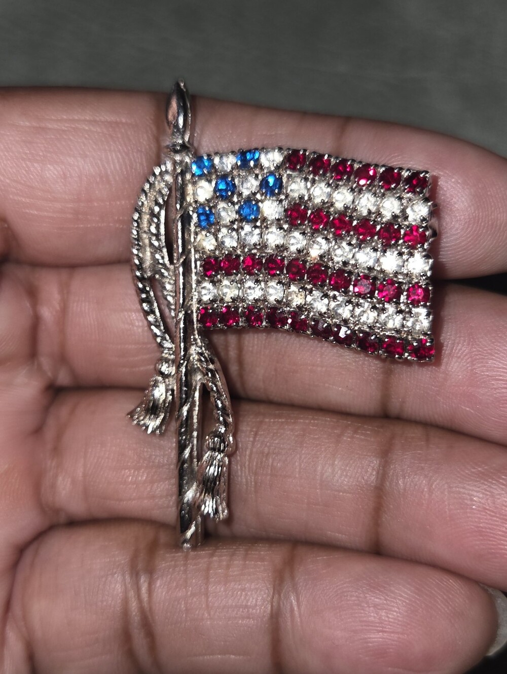 Patriotic Crystal Flag Pendant Necklace - Red, White & Blue
